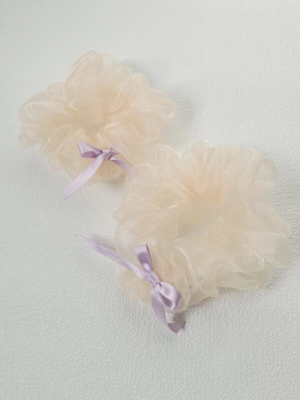 Sheer Beige Organza Scrunchies with Lavender Ribbon Bows