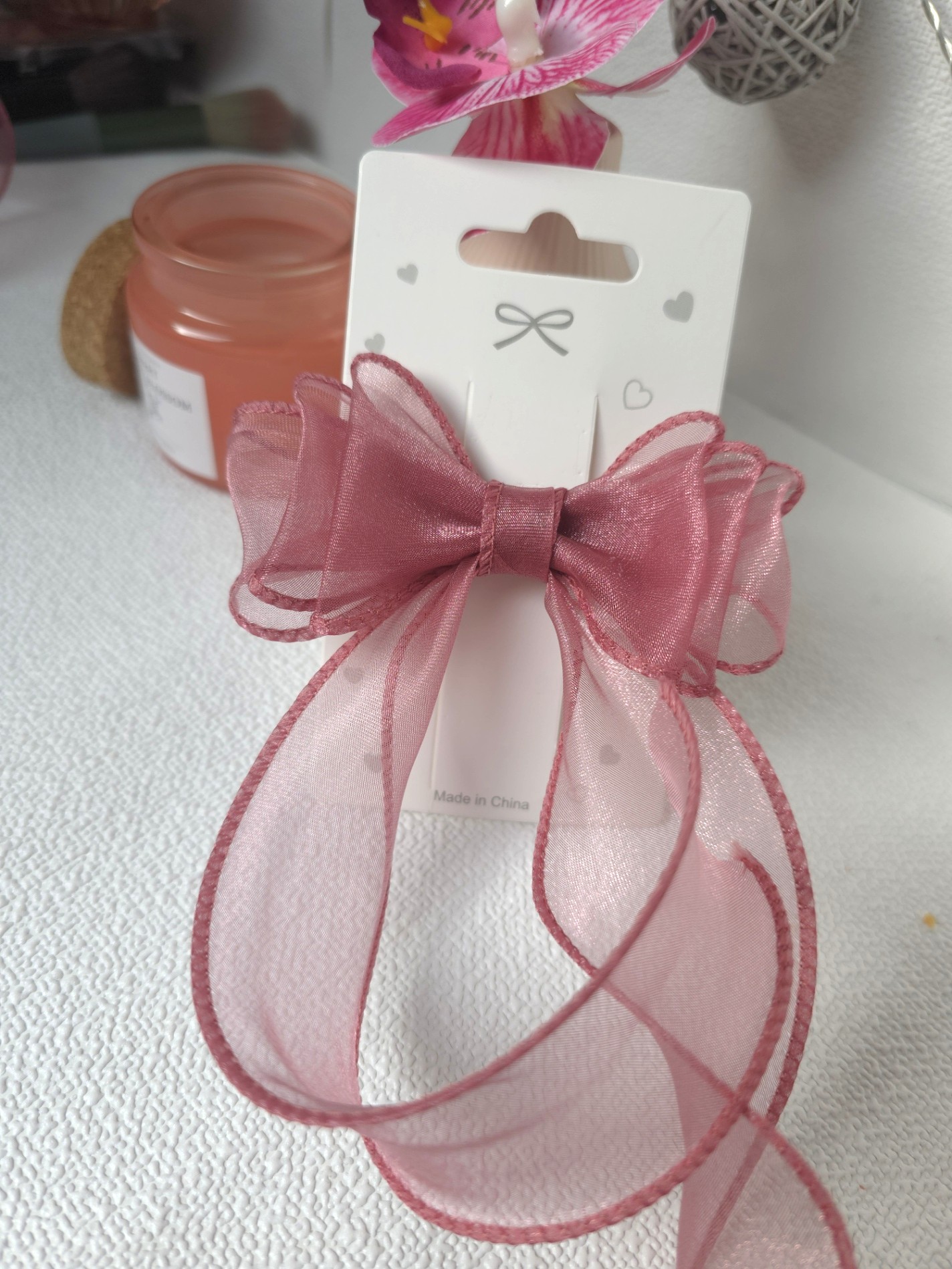 Sheer Pink Ribbon Hair Bow clip - Image 2