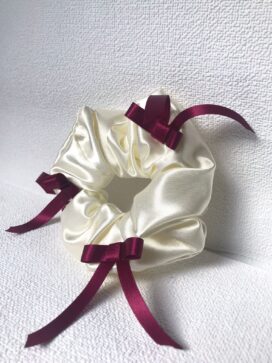 Cream Satin Scrunchie with Burgundy Ribbon Bows (Limited Edition)