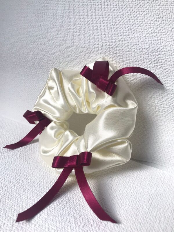 Cream Satin Scrunchie with Burgundy Ribbon Bows (Limited Edition)